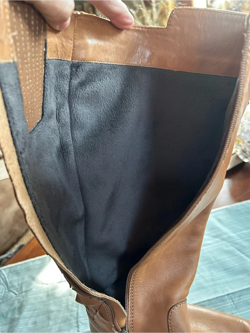 Women's Over-the-Knee Tan Leather Boots with Woven Side Detail